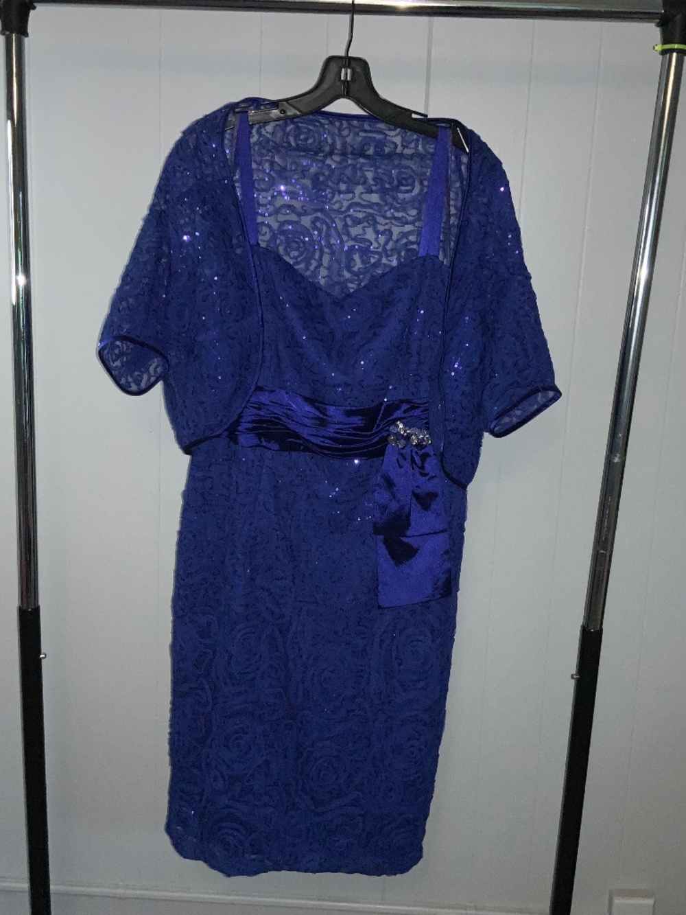 KM Collection blue lace midi formal mother of bride dress with shrug measures XL